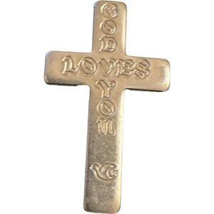 Vintage Catholic God Loves You Silver Tone Pocket Cross Medal 1.5"